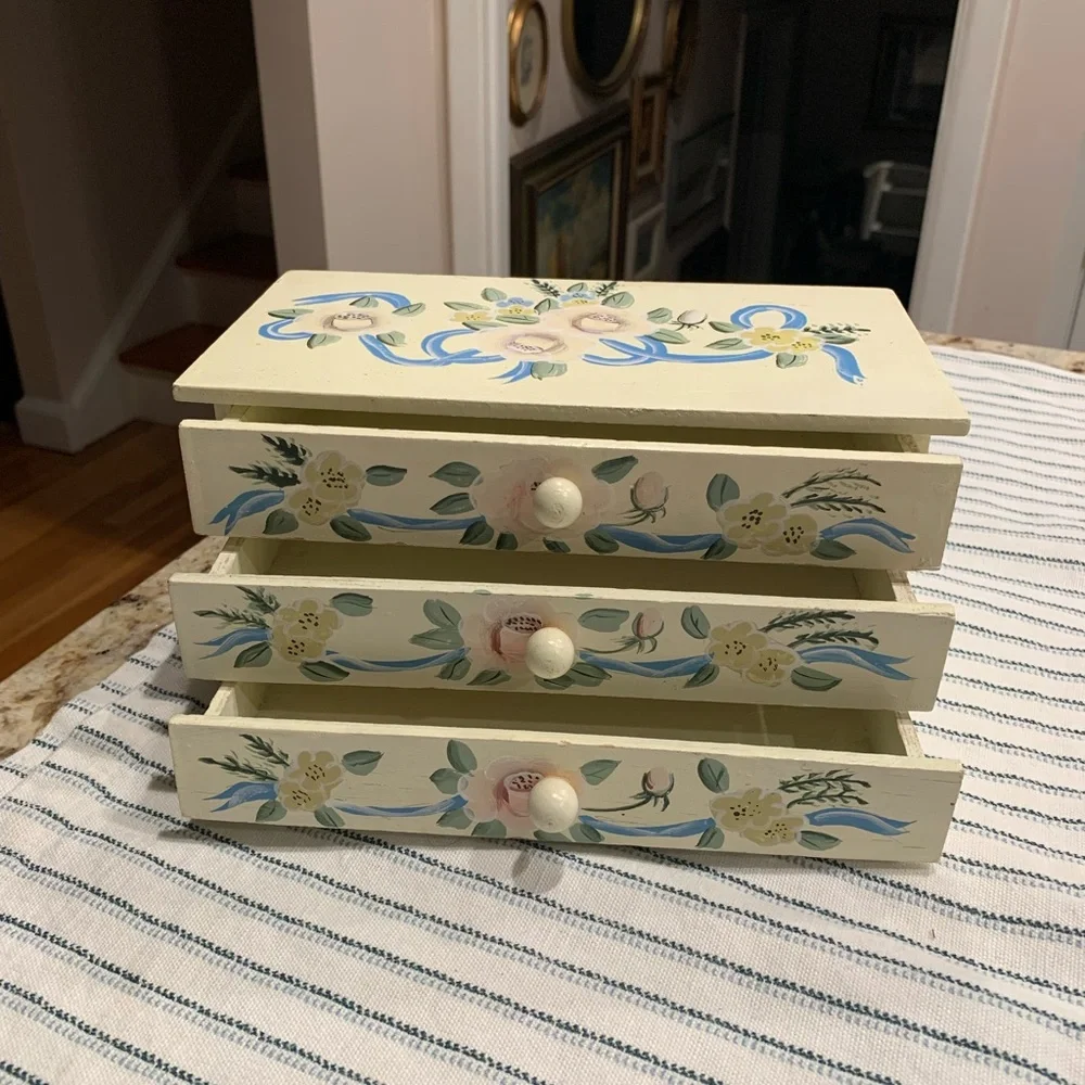 Vintage Hand Painted Jewelry Box Cottage Core 3 Drawer Wood Floral Design